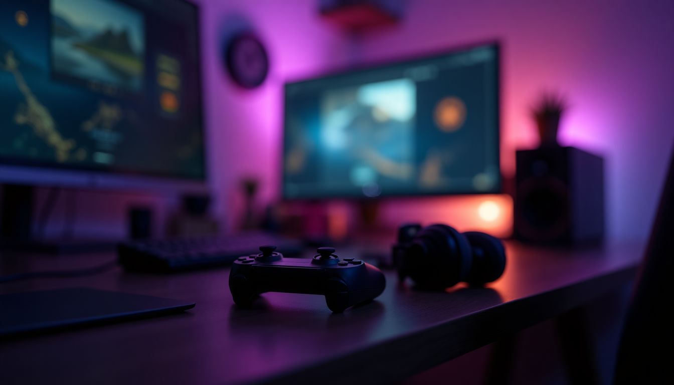 A controller and headphones resting on a dark desk in front of a softly glowing monitor, warm violet rim light in a cosy evening room — play balance and wellbeing guide