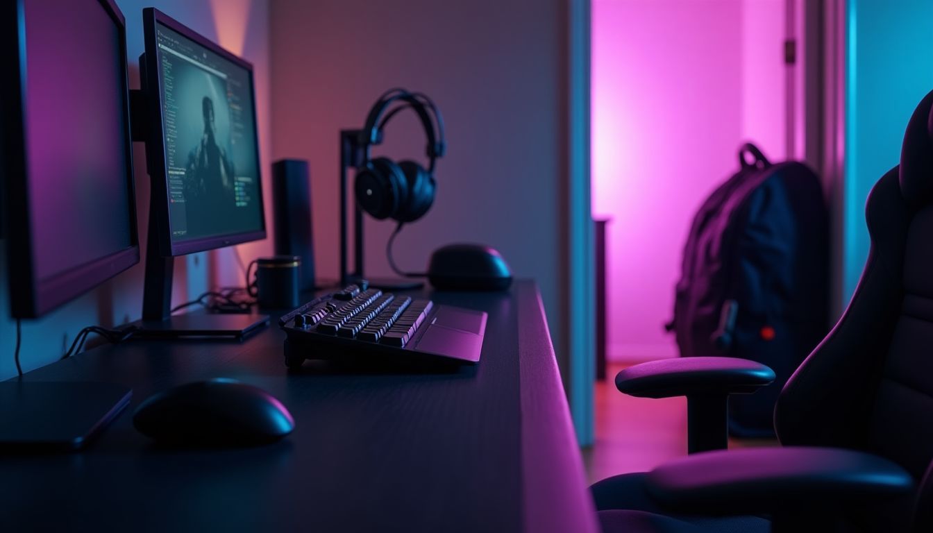 A tidy gaming setup with a mechanical keyboard and headset stand beside a packed duffel bag by the door, cool violet and charcoal tones in soft window light — gaming setup and events guide