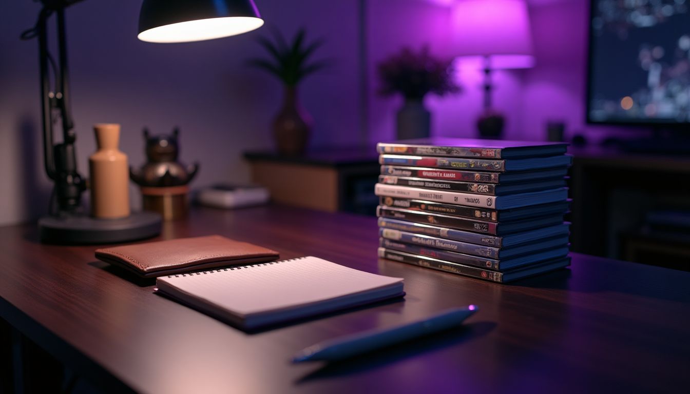 A neat stack of game cases beside a wallet, small notebook and pen on a dark wooden desk under a gentle violet desk lamp — gaming spend and library value guide
